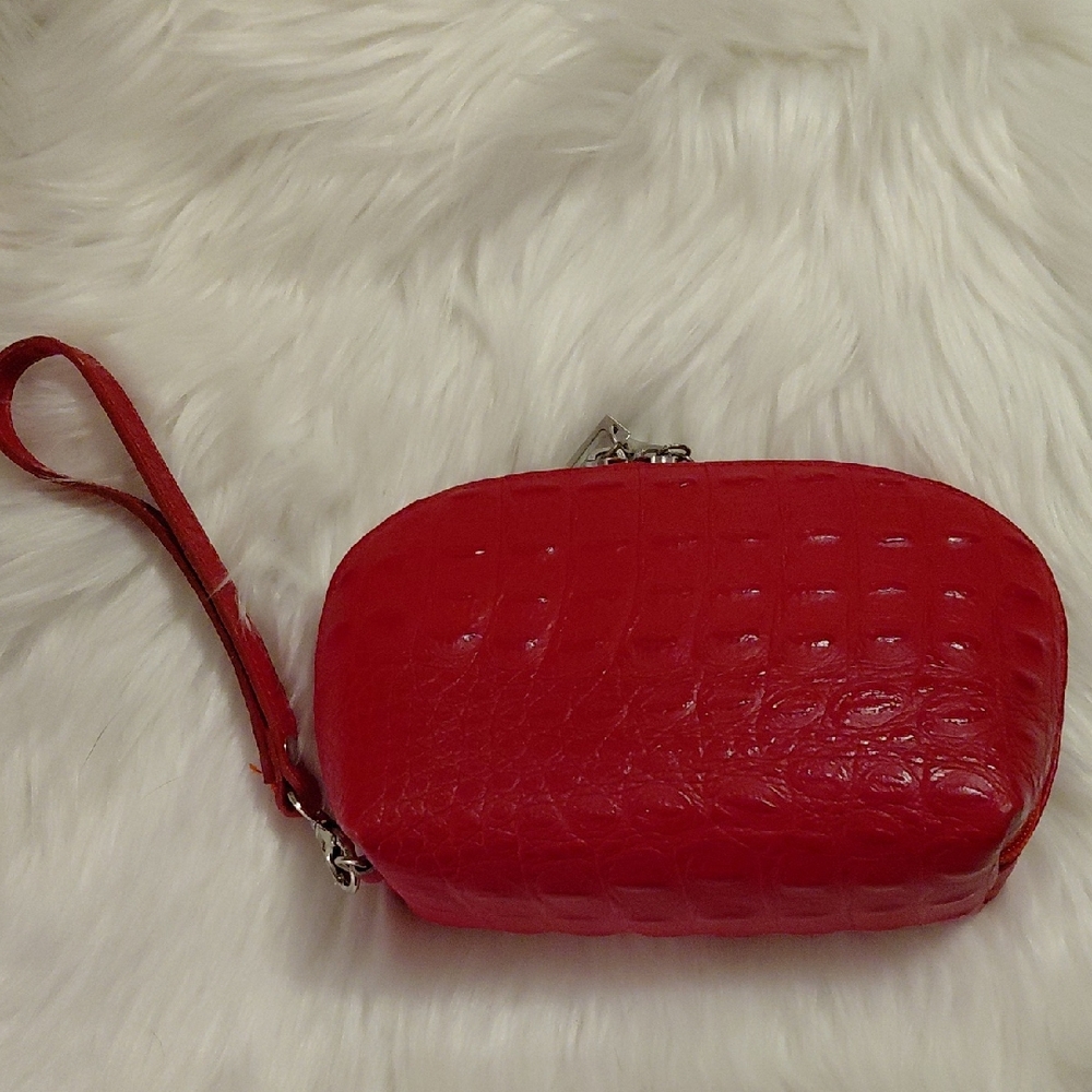 EUC Italian Leather Croc Embossed Cosmetic Bag or Wristlet Clutch, Double Zips